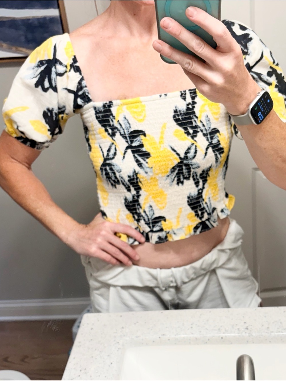 Walter Baker Floral Puff Sleeve Crop Top Cotton Smocked Square Neck Black Yellow